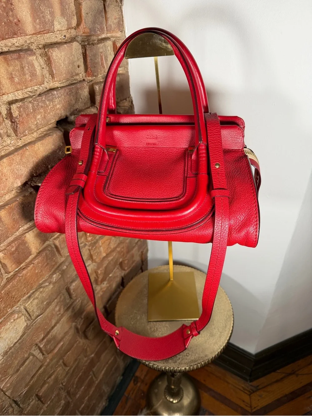 Chloé Everston Medium Red Leather Satchel Top Handle Shoulder Crossbody Bag